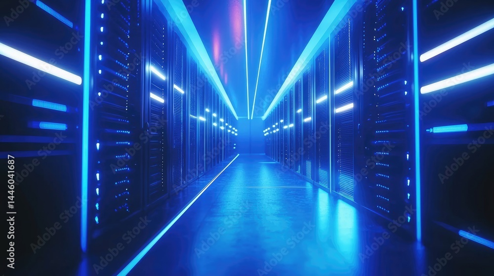 Aufkleber High-tech glowing data corridor with mirrored light lines, ideal for next-gen server branding, cloud architecture visuals, and advanced IT graphics