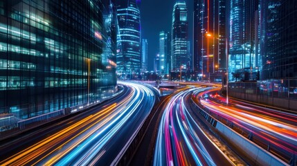 Obraz premium Urban highway at night, lights blurred by motion