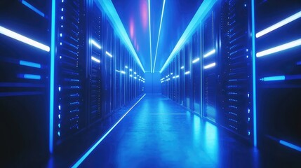 Obraz premium High-tech glowing data corridor with mirrored light lines, ideal for next-gen server branding, cloud architecture visuals, and advanced IT graphics