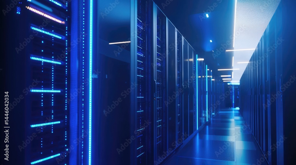 Poster Bright server room corridor with structured lighting ideal for futuristic IT visual content, tech blog banners, or cloud network architecture designs