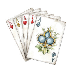 A painted hand of playing cards featu different ace card suit symbols.