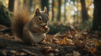 Obraz premium Squirrel eating nut in autumn forest