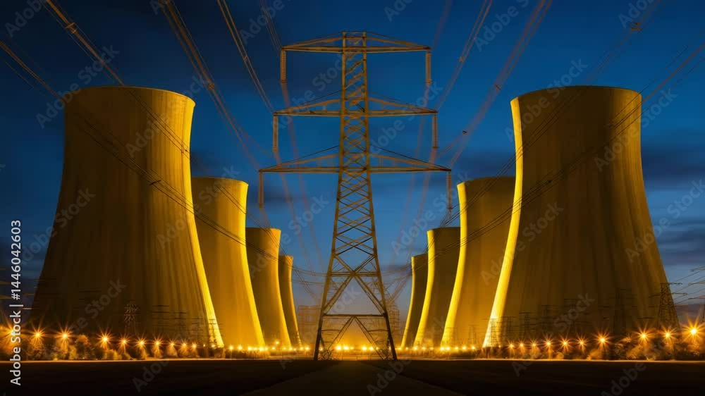 Poster futuristic power grid featuring advanced fusion reactors in a modern setting.