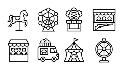 Amusement park outline icons - funfair, carnival, and festival symbols in line style: carousel horse, ferris wheel, clown, shooting gallery, teddy bear booth, food truck, circus tent, spin wheel.
