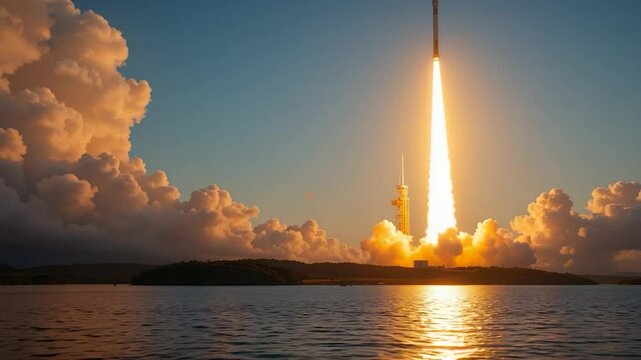 Rocket launch at sunrise or sunset over water