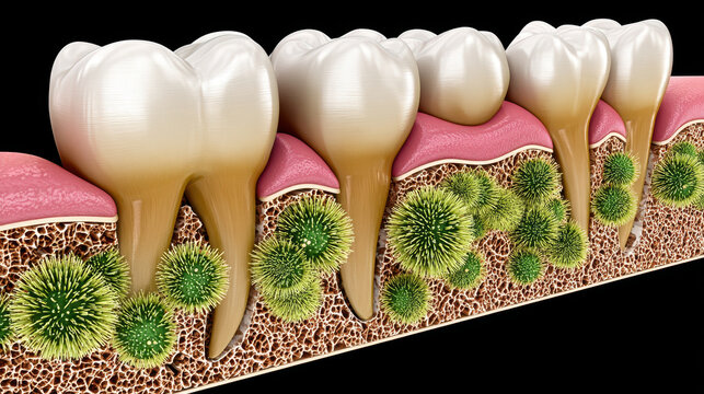 Teeth structure with gum and bacteria illustration, showcasing dental health and hygiene. image highlights importance of oral care and presence of microorganisms around teeth
