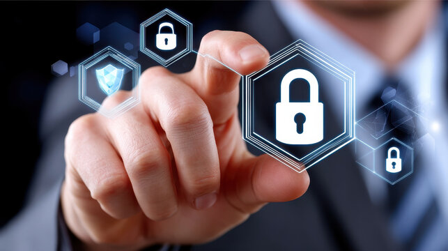 Secure data protection concept with man interacting with digital lock icons, symbolizing cybersecurity and technology. image conveys sense of safety and innovation in data management