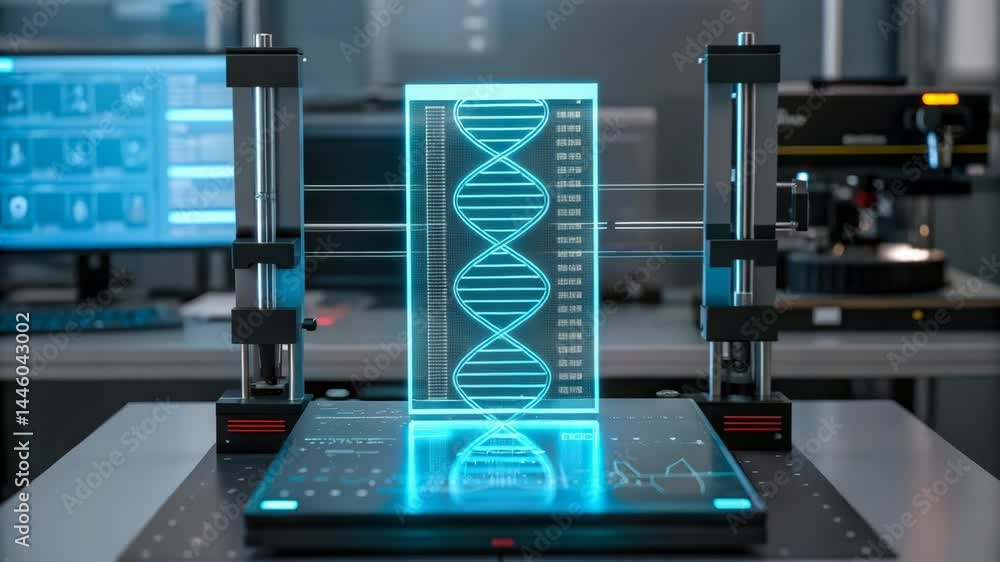 Aufkleber advanced technology showcasing a glowing dna model in a lab setting.
