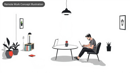 Minimalistic remote work concept illustration highlighting flexible workspace, productivity, and digital nomad lifestyle, perfect for tech, business, and startup themes