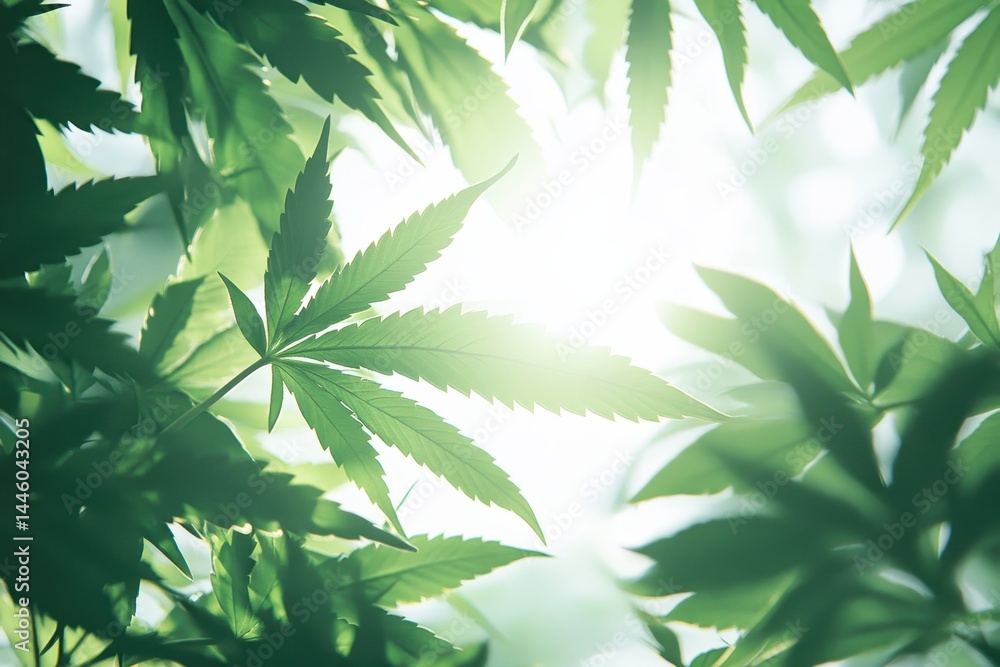 Poster sunlight filtering through green cannabis leaves in a natural setting creates a serene atmosphere in