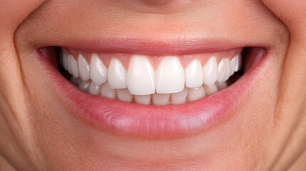 Fototapeta premium Bright and cheerful smile showcases perfectly aligned, white teeth, reflecting good dental hygiene and health. close up emphasizes beauty of smile and importance of oral care