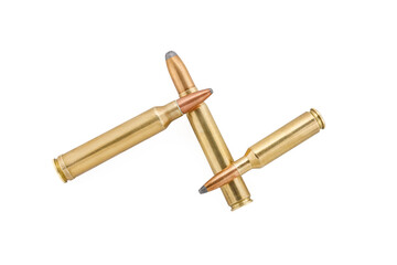 Military cartridge isolated on white background close-up. Full depth of field.