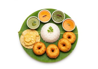 South indian meal served on a banana leaf with rice vada and chutney