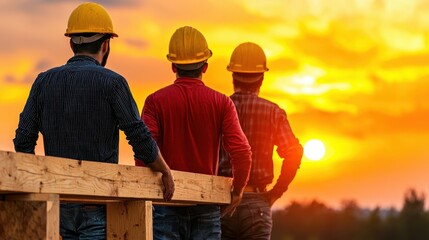 Three construction workers in yellow hard hats stand on wooden beams, silhouetted against a vibrant sunset. They gaze towards the setting sun