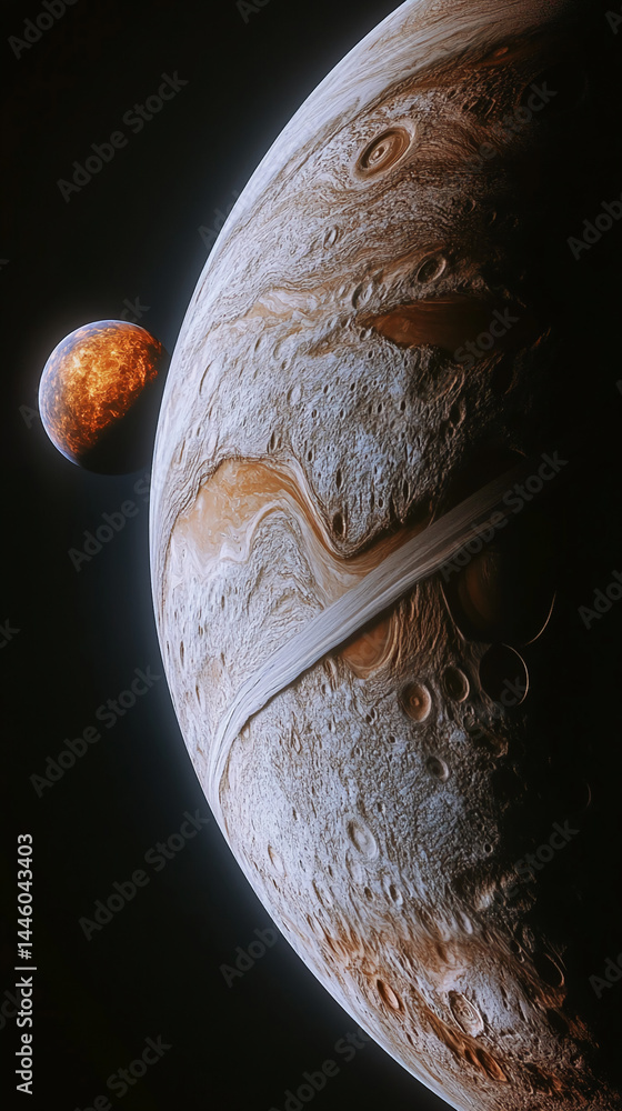 Poster close-up of a large gas giant planet with swirling clouds and a smaller, fiery planet nearby, repres