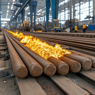 Close up view of several metal rods undergoing a heat treatment process in an industrial setting. The rods are arranged in parallel rows and are