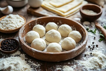 Fototapeta premium Fresh, uncooked dough balls and flatbread ingredients ready for preparation.