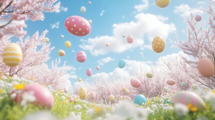 Easter eggs floating in spring garden