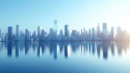 Fototapeta premium Calm city lake reflects the skyline, with a clear blue sky above. The background is softly blurred. 