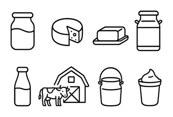 Dairy products outline icon set – linear style milk, cheese, and farm symbols for culinary design: milk jug, cheese wedge, butter, milk bottle, cow, barn