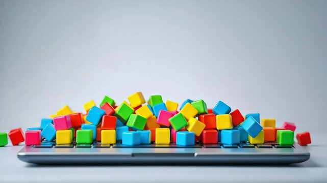 Colorful blocks scattered over a laptop keyboard, symbolizing creativity and playfulness in technology.