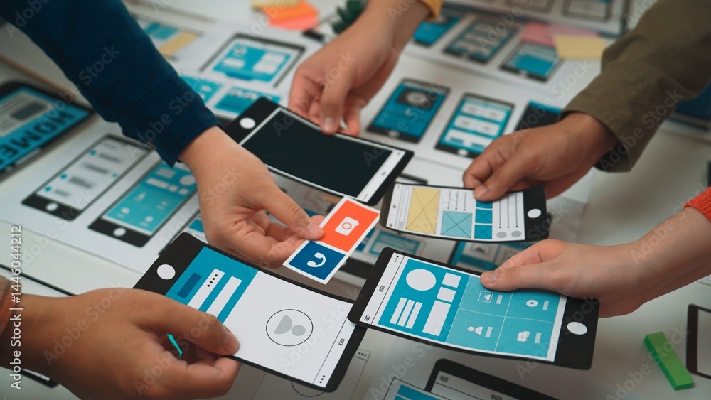 Poster hands are actively engaging with smartphone mockups and wireframes during a collaborative design ses