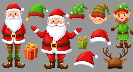 Jolly Santa, Elves, and Festive Accoutrements: A Charming Christmas Illustration