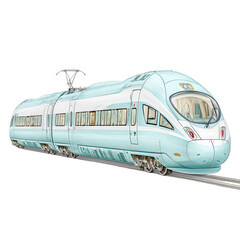 Fototapeta premium A sleek blue electric train travels on the tracks on a white background.