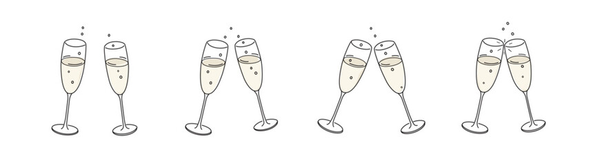 Set of clinking champagne glasses sequence. Cheers. Isolaed vector illustration