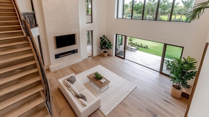 High angle view of a modern living room with hardwood floors, a white sofa, and large windows overlooking a green lawn. The room features a stone