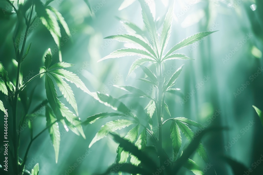 Poster sunlight filtering through green cannabis leaves in a natural setting creates a serene atmosphere in