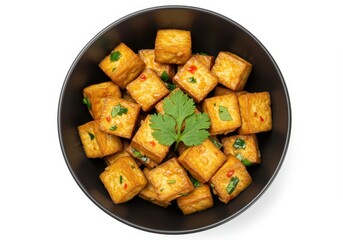 Crispy tofu cubes with cilantro and chili in a black bowl on white background
