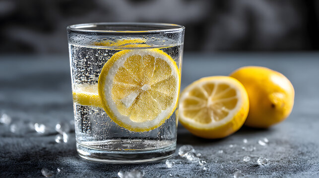 Vaso de agua con lim&oacute;n y hielo como concepto de bebida fresca y saludable