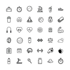 a black outline vector set of Comprehensive Fitness and Wellness Icon Set on white background.
