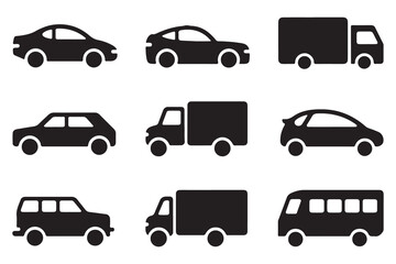 "Silhouette vector set of vehicles including sedan, SUV, van, truck, and bus icons on white background for transportation, delivery, logistics, fleet management, automotive, and traffic illustrations"