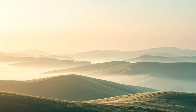 A serene minimalist landscape background, soft rolling hills under a misty sunrise