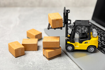 Yellow forklift and yellow truck on bright background. Logistics concept. Logistics and supply...
