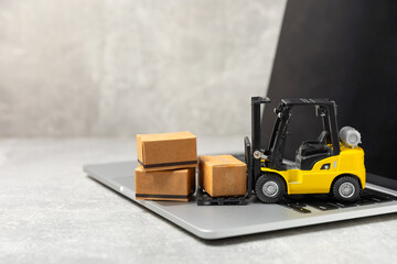 Yellow forklift and yellow truck on bright background. Logistics concept. Logistics and supply...