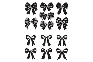 Set of black ribbon bow silhouettes vector illustration collection isolated on white background for decoration, gift wrap, fashion design, festive packaging, wedding, and craft elements"
