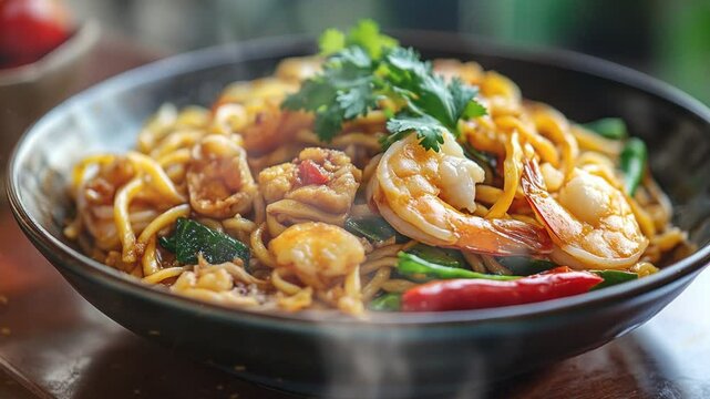 Hokkien mee in dish on the table with smoke around
