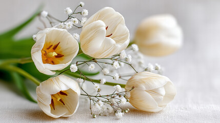 Close Up View of White Tulips and Delicate Baby's Breath on a Soft Ivory Canvas Background