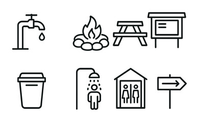 Public park safety and facilities icon set - line style outdoor recreation symbols for navigation and facility management: water tap, campfire, picnic table, information board, trash bin, shower,