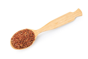 Raw brown rice and spoon isolated on white, top view