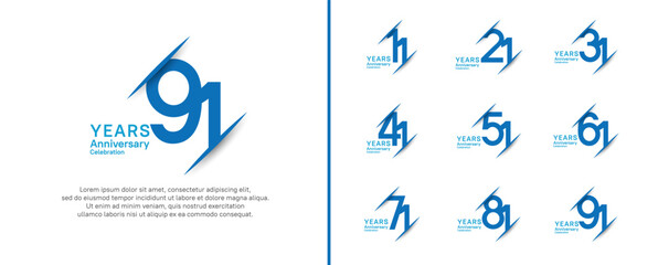 set of anniversary logo style with slash. vector design blue color for celebration