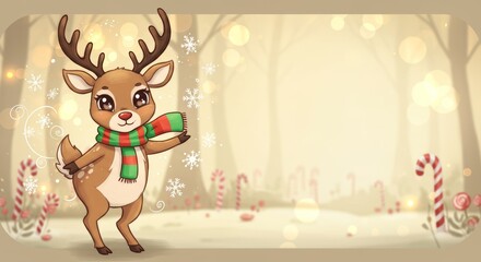 Fototapeta premium Cheerful cartoon reindeer wearing a striped scarf, surrounded by snowy flakes and candy canes in a whimsical winter forest setting