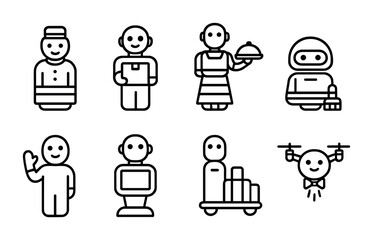 Hospitality service outline icons set – linear style hotel and restaurant symbols for industry professionals: bellboy, chef, waitress, maid, robot, concierge, butler, drone.
