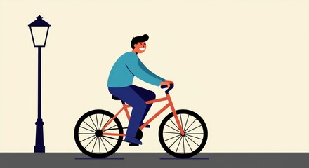 Cheerful young man riding a bicycle on a sunny day, smiling as he enjoys his ride near a streetlamp against a soft-colored background
