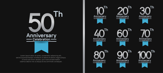 set of anniversary logo style with blue ribbon. vector design silver color for celebration