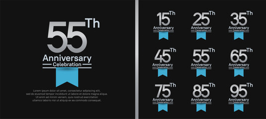 set of anniversary logo style with blue ribbon. vector design silver color for celebration