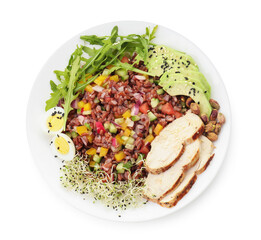 tasty salad with brown rice isolated on white, top view